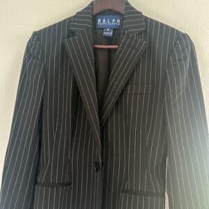 Ralph Ralph Lauren Sz2 Blazer Black White Pinstripe Wool Shoulder Pad Blue Label
